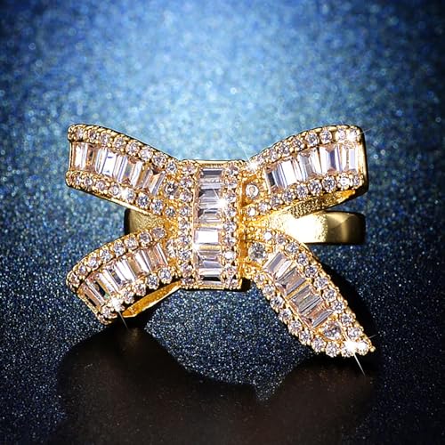Sparkly Rhinestone Bow Rings for Women Adjustable Cocktail Statement Finge Ring Pave Crystal Bow Open Ring Promise Engagement Wedding Party Jewelry - style: Gold