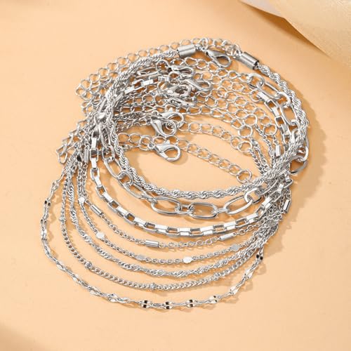 IFKM Gold Bracelets for Women, 14K Gold Plated Dainty Link Chain Bracelet set, Trendy Stackable Layered Bracelets jewelry Gifts - style: 8pcs Silver Chain twist box