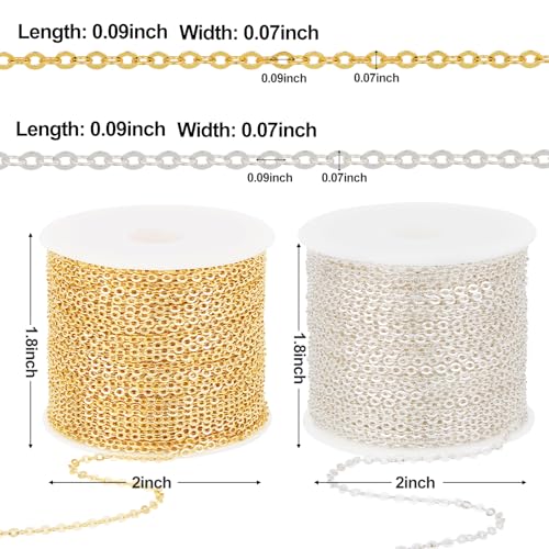 Kyutong 65.6 Feet Stainless Steel Jewelry Making Chains Spool for Crafting | 2 Rolls Cross Cable Chain Links Gold Silver DIY Jewelry Supplies with Lobster Clasps Jump Rings for DIY Handcraft - color: Cable Chain