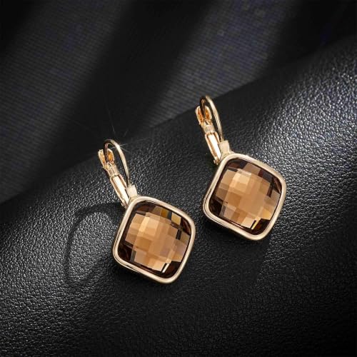 Austrian Crystal Square Leverback Drop Earrings for Women | Classic Square-Cut Crystal,14K Gold-Plated,Leverback for Easy Secure Wear,Gift Box Included,For Day and Evening Events - color: Light Topaz