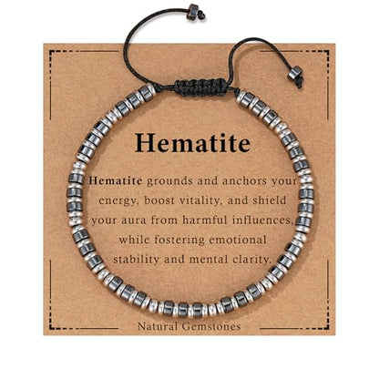 Healing Crystal Bracelet for Men Women, Triple Protection Hematite Black Obsidian Tiger Eye Natural Gemstone Beaded Bracelets Jewelry Gifts for Him - color: Hematite