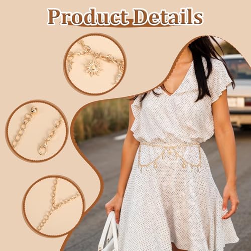 Gold Waist Chain, Sun Moon Star Waist Chain | Decorative Metal Belt for Women Jeans Pants Dresses - Fits Size 23-45 inch