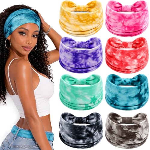 Awumbuk Wide Headbands for Women Knotted Non Slip, 8 Pack Soft Head Bands to Hide Hairline, Fashion Boho Style Bandana, Moisture Wicking Hair Bands for Workout Sports Yoga Makeup - color: Tie-dye blue