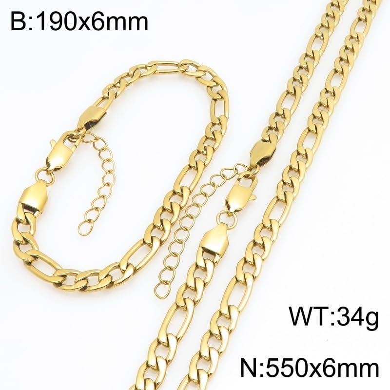 Kemstone Stainless Steel Figaro Cuban Bracelet Necklace Set for Men Women Jewelry - color: Gold 07