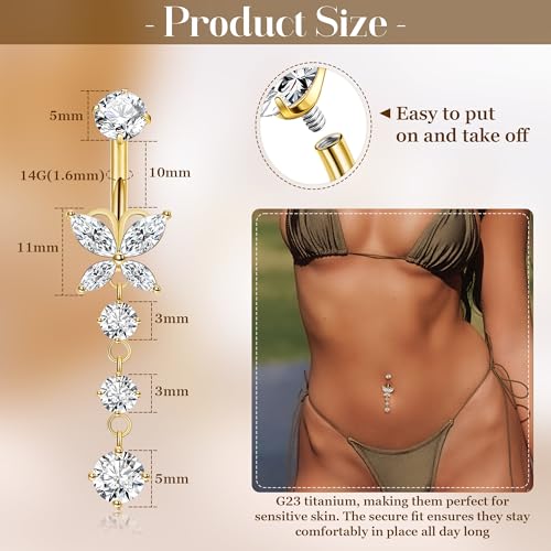 14G G23 Titanium Dangle Belly Button Ring for Women Dangling Belly Rings CZ Butterfly Teardrop Navel Rings Internally Threaded Curved Barbell Navel Piercing Jewelry - color: Gold-2