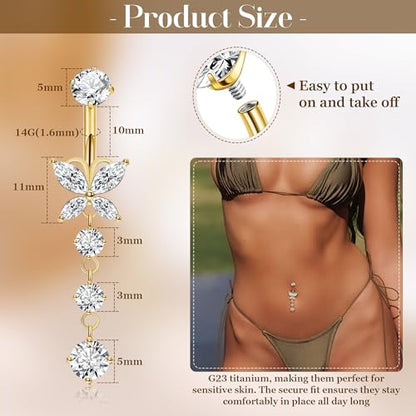 14G G23 Titanium Dangle Belly Button Ring for Women Dangling Belly Rings CZ Butterfly Teardrop Navel Rings Internally Threaded Curved Barbell Navel Piercing Jewelry - color: Gold-2