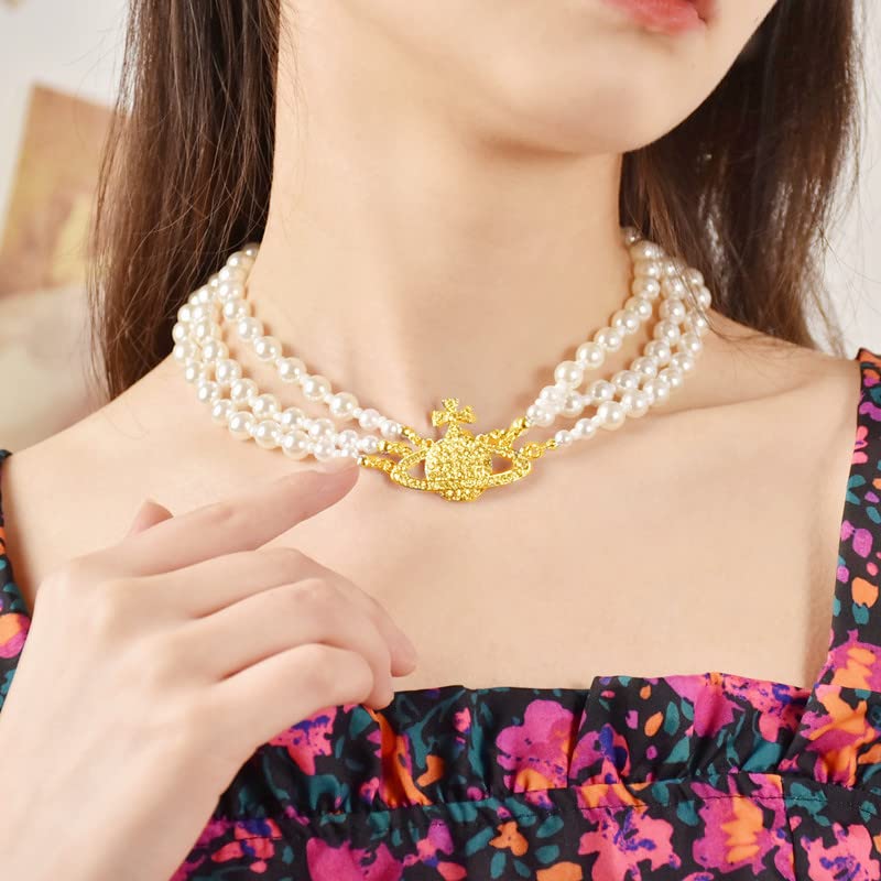 Dreuyet Saturn Pearl Necklace and Earrings Set Crystal Planet Earrings Dainty Artificial Pearl Choker Necklace Charm Gifts for Mum Wife Wedding Birthday Anniversary - color: 3 Layered Pearl Gold