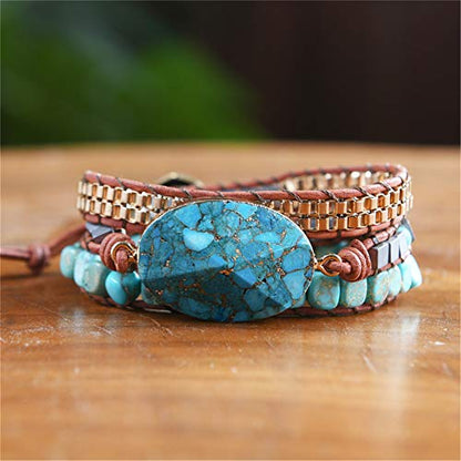 YGLINE Boho Handmade Wrap Leather Tube Crystal Stone Bracelet for Women - color: Turquoise
