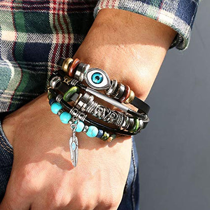 Boho National Stone Feather Multilayer Leather Bracelet Evil Eye Charms Turquoises Beads Bracelets for Men Vintage Punk Wrap Wristband Owl Bird Bracelet
