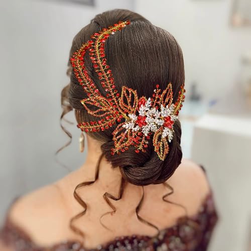 Women's Handmade Rhinestone Wedding Head Pieces | Crystal Bridal Hair Clips, Silver & Gold Wedding Party Hair Accessories - color: Red