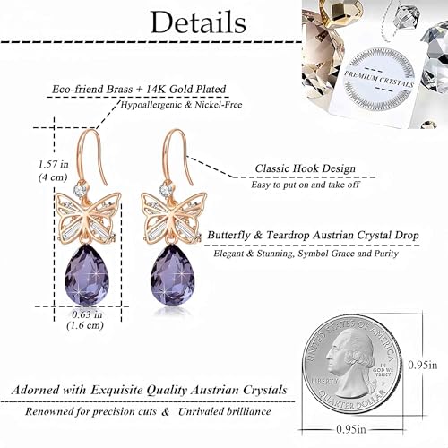 Austrian Crystal Teardrop Butterfly Drop Dangle Earrings for Women 14K Rose Gold Plated Hypoallergenic Jewelry - color: Tanzanite