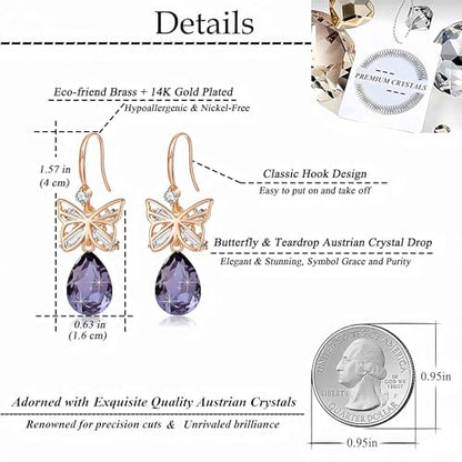 Austrian Crystal Teardrop Butterfly Drop Dangle Earrings for Women 14K Rose Gold Plated Hypoallergenic Jewelry - color: Tanzanite