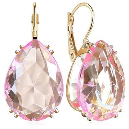 14K Gold Teardrop Crystal Leverback Earrings Sparkly Rhinestone Water Droplet Dangle Drop Earrings For Women - color: Light Pink