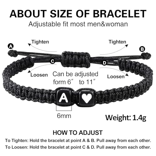 Valentines Day Gifts for Him Her Heart Love Letter Initial Matching Couple Bracelets for Women Men Teen Gifts Best Friend Graduation Birthday Gifts A-Z Braided Bracelet Son Daughter Dad Jewelry - color: Black-V