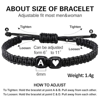 Valentines Day Gifts for Him Her Heart Love Letter Initial Matching Couple Bracelets for Women Men Teen Gifts Best Friend Graduation Birthday Gifts A-Z Braided Bracelet Son Daughter Dad Jewelry - color: Black-V