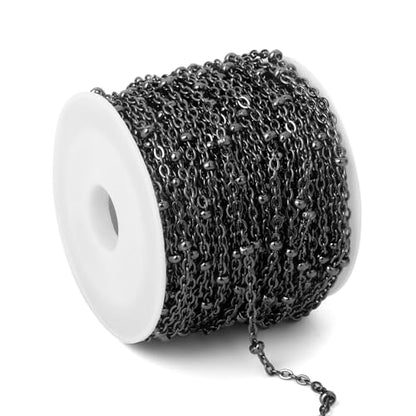 33FT 2mm Stainless Steel Gunmetal Satellite Chains Bulk for Jewelry Making | 304 Stainless Steel Black Ball Beaded Cable Links Chain Roll Spool for DIY Craft - color: Black Small Beads Satellite Cable Chain