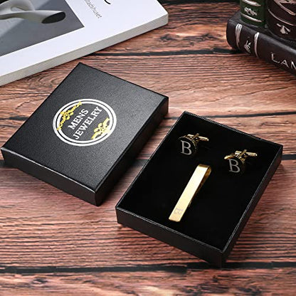 LOYALLOOK Black Initial Cufflinks and Tie Clip Set for Men Personalized Copper Cuff links and Tie Bar Letter Alphabet A-Z Gift for Father Husband Valentine Gifts for Men - color: B