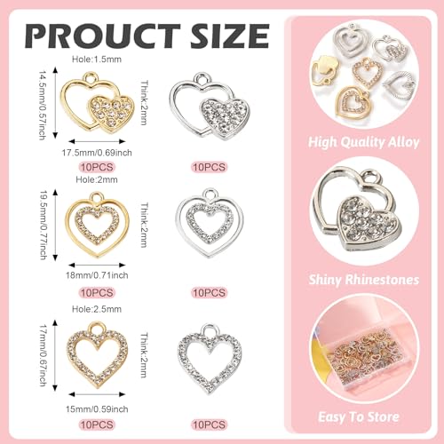 Elecrelive Crystal Heart Charms Rhinestone Heart Pendants Valentine Charms for Necklace Bracelet Earring Wedding Jewelry - color: Gold Silver, 60pcs
