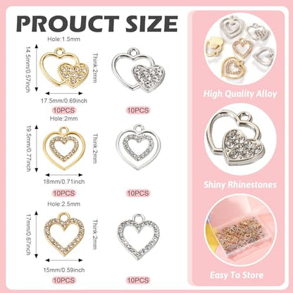 Elecrelive Crystal Heart Charms Rhinestone Heart Pendants Valentine Charms for Necklace Bracelet Earring Wedding Jewelry - color: Gold Silver, 60pcs