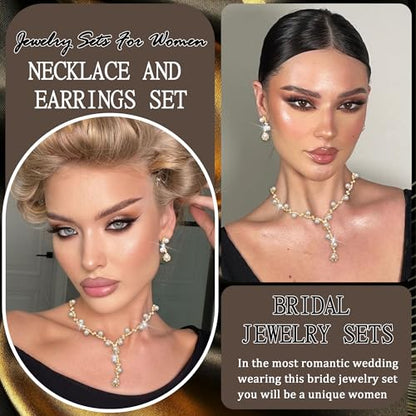 Rhinestone Jewelry Set Crystal Pearl Necklace Bracelet Earrings | Sparkly Necklace Dangle Earrings,Wedding Prom Formal Costume Jewelry Sets for Women - color: Gold8