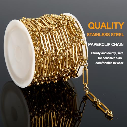 KYUNHOO 13 Feet Stainless Steel Chain Necklace for Jewelry Making | 4MM Wide Paperclip Chains Small Circle Link Chain Gold Jewelry Making Chains with Lobster Clasps and Jump Rings - color: Paperclip Gold