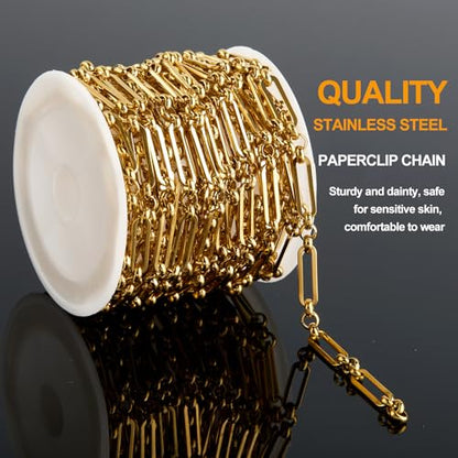 KYUNHOO 13 Feet Stainless Steel Chain Necklace for Jewelry Making | 4MM Wide Paperclip Chains Small Circle Link Chain Gold Jewelry Making Chains with Lobster Clasps and Jump Rings - color: Paperclip Gold