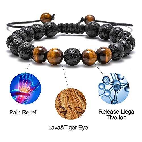 M MOOHAM Mens Bracelet - Beaded Natural Stone 8mm Tiger Eye Matte Agate Lava Rock Bracelets for Men Teen Boys Grandpa Dad Birthday Gifts Jewelry - style: "Lava Rock&Yellow Blue Tiger Eye Bracelets