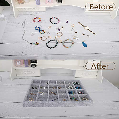 Emibele Jewelry Necklace Bracelets Earrings Organizer, 24 Grids Velvet Tray | Showcase Display Velvet Stackable Jewelry Storage Tray with Detachable Inner Dividers, Greay - style: E1- twenty-four Grids