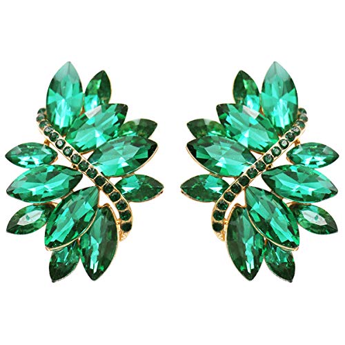 Rosemarie Collections Women's Dazzling Crystal Marquis Leaf Cluster Statement Clip On Earrings, 1.87" - style: Green Emerald Crystal Gold Tone