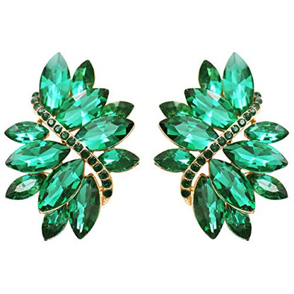 Rosemarie Collections Women's Dazzling Crystal Marquis Leaf Cluster Statement Clip On Earrings, 1.87" - style: Green Emerald Crystal Gold Tone