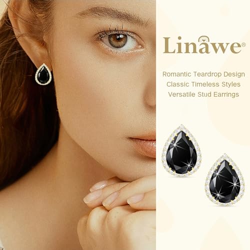 Linawe Women Stud Earrings, Teardrop Diamond Moissanite Cubic Zirconia Earrings Studs Rhinestone Jewelry Gold/Silver/Rose Gold - color: Gold,Blk