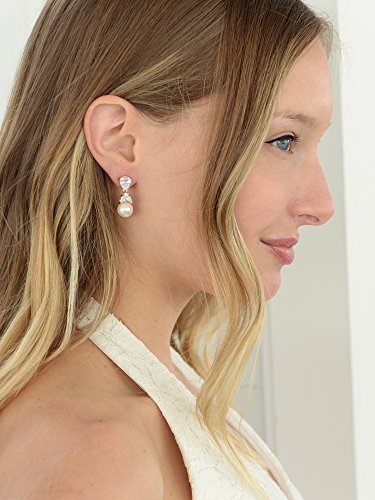 Mariell Clip-On Pearl Drop Bridal Earrings with Cubic Zirconia Crystals and Ivory Pearls For Brides, Bridesmaids, Weddings, Jewelry Gift for Women - color: Rose Gold