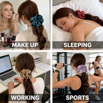 Big Satin Scrunchies for Women, 5.2 Inches Large Scrunchie, Silk Elastic Ponytail Holders for Girls, Jumbo Hair Ties for Thick/Curly Hair, Soft Scrunchy No Crease No Pilling, 4 Pack - color: Pruple+Coffee