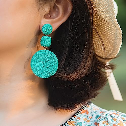 Statement Raffia Boho Round Dangle Ball Earrings - Cute Handmade Summer Bohemian Dangling Jewelry for Women - color: Teal