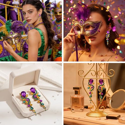 Fashion Rhinestone Statement Drop Dangle Earrings Long Colorful Crystal Bridal Wedding Teardrop Chandelier Earrings for Women Prom Pageant - color: Mardi Gras
