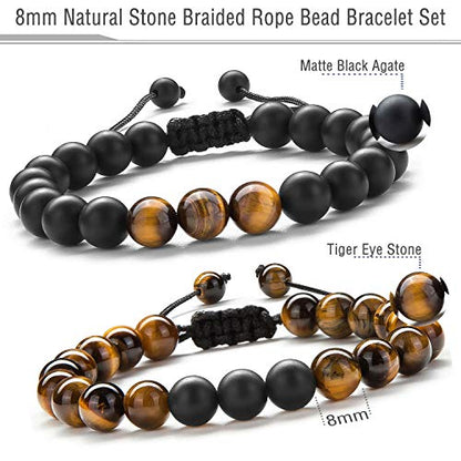 Men Women 8mm Tiger Eye Stone Beads Bracelet - color: 2 Pcs Set 1-21018