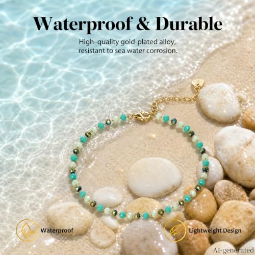 Black Green Beaded Anklets For Women Waterproof Stainless Steel Jewelry | Gold Plated Boho Adjustable Crystal Ankle Bracelets For Summer Beach Women Gifts