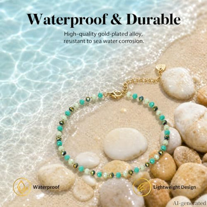 Black Green Beaded Anklets For Women Waterproof Stainless Steel Jewelry | Gold Plated Boho Adjustable Crystal Ankle Bracelets For Summer Beach Women Gifts
