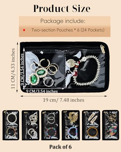 Travel Jewelry Organizer Case Refill Pages-24 Compartments Clear Zipper Velvet Pockets for Rings Earrings Necklaces,2-Section Replacement Pages, Black,Pack of 6 - color: 2-Section Inner Pages,Black,Pack of 6