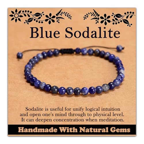 468Handmade Adjustable Natural Gemstone Crystal Bracelet Healing Power Energy Inspirational Gifts with Card for Unisex - color: 08-Blue Sodalite(Wisdom), size: 4mm