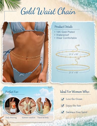 Gold Layered Waist Chain for Women, Adjustable Belly Chain | Adjustable layered waist chain for beach days, summer outfits, festivals, vacations, parties, and daily styling - style: Gold Style 4