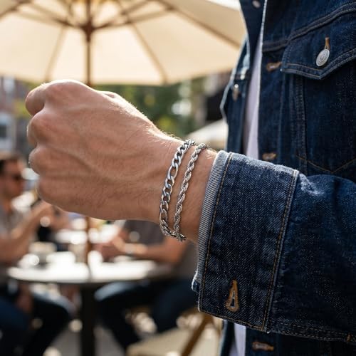 Mens Bracelet - Dainty Gold/Silver Chain Bracelet Stack 14K Gold Plated Silver Bracelets for Men Stainless Steel Adjustable Cross Charm Cuban Link Bracelet Snake Jewelry Set to Men Dad Birthday Day - color: S3, size: 7+2 Inch