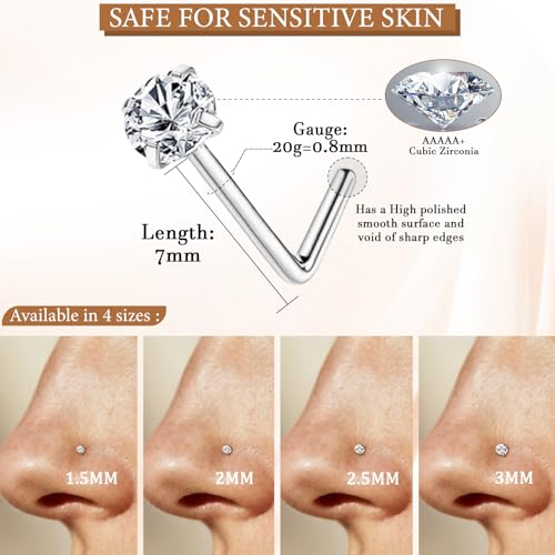 15PCS 14K Gold Plated Nose Rings Studs Set for New Piercing Beginners - color: 8pcs/L-shaped/20G/Silver