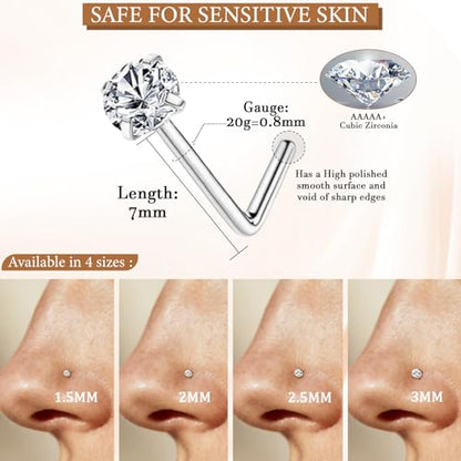 15PCS 14K Gold Plated Nose Rings Studs Set for New Piercing Beginners - color: 8pcs/L-shaped/20G/Silver