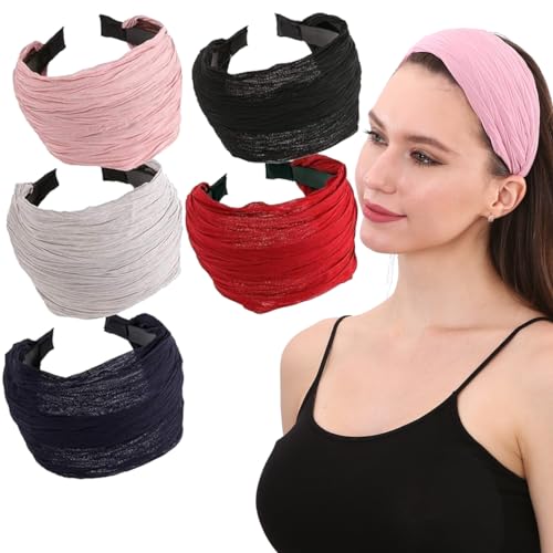 LONEEDY 5 Pack Wide Hard Headband with Teeth for Women, Girls’s Hair Band Pleated Cloth Fabric Hair Hoop Accessories (Mixed colors A) - color: Mixed colors A