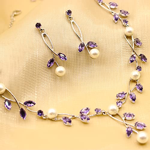 Luxury Cubic Zirconia Aurtrian Crystal Pearl Floral Necklace Dangle Earrings Wedding Bridal Jewelry Set Birthday Gifts for Her - color: Style02-Violet-Silver Plated
