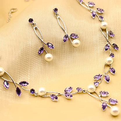 Luxury Cubic Zirconia Aurtrian Crystal Pearl Floral Necklace Dangle Earrings Wedding Bridal Jewelry Set Birthday Gifts for Her - color: Style02-Violet-Silver Plated