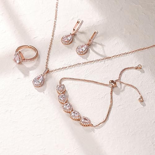 Crysdue Wedding Bridal Teardrop CZ Pendant Necklace Open Ring Dangle Earrings Adjustable Slider Bracelet Jewelry Set, Birthday Mothers Day Christmas Jewellery Gift for Women/Mom/Wife - style: 01-Teardrop Clear Rose Gold-Tone