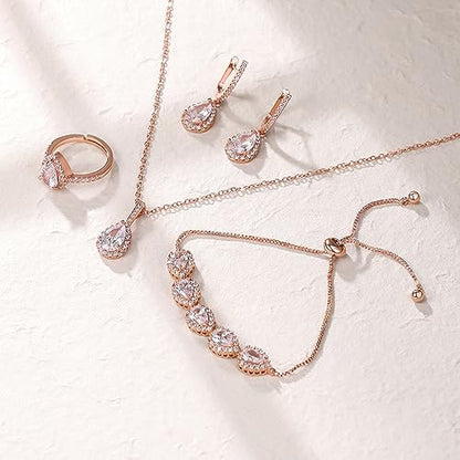 Crysdue Wedding Bridal Teardrop CZ Pendant Necklace Open Ring Dangle Earrings Adjustable Slider Bracelet Jewelry Set, Birthday Mothers Day Christmas Jewellery Gift for Women/Mom/Wife - style: 01-Teardrop Clear Rose Gold-Tone