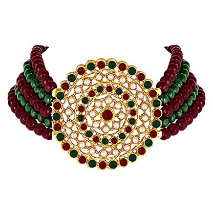 Aheli Pearl Diamond Choker Necklace & Round Earrings Gift for Women Indian Traditional Bollywood Fashion Bharatanatyam jewellery set - color: Green & Red